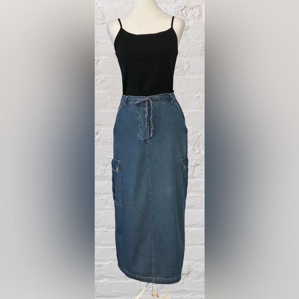VTG Bears Club Cargo Denim Midi Skirt Sz 8 Western Cowgirl Bohemian Granola Girl